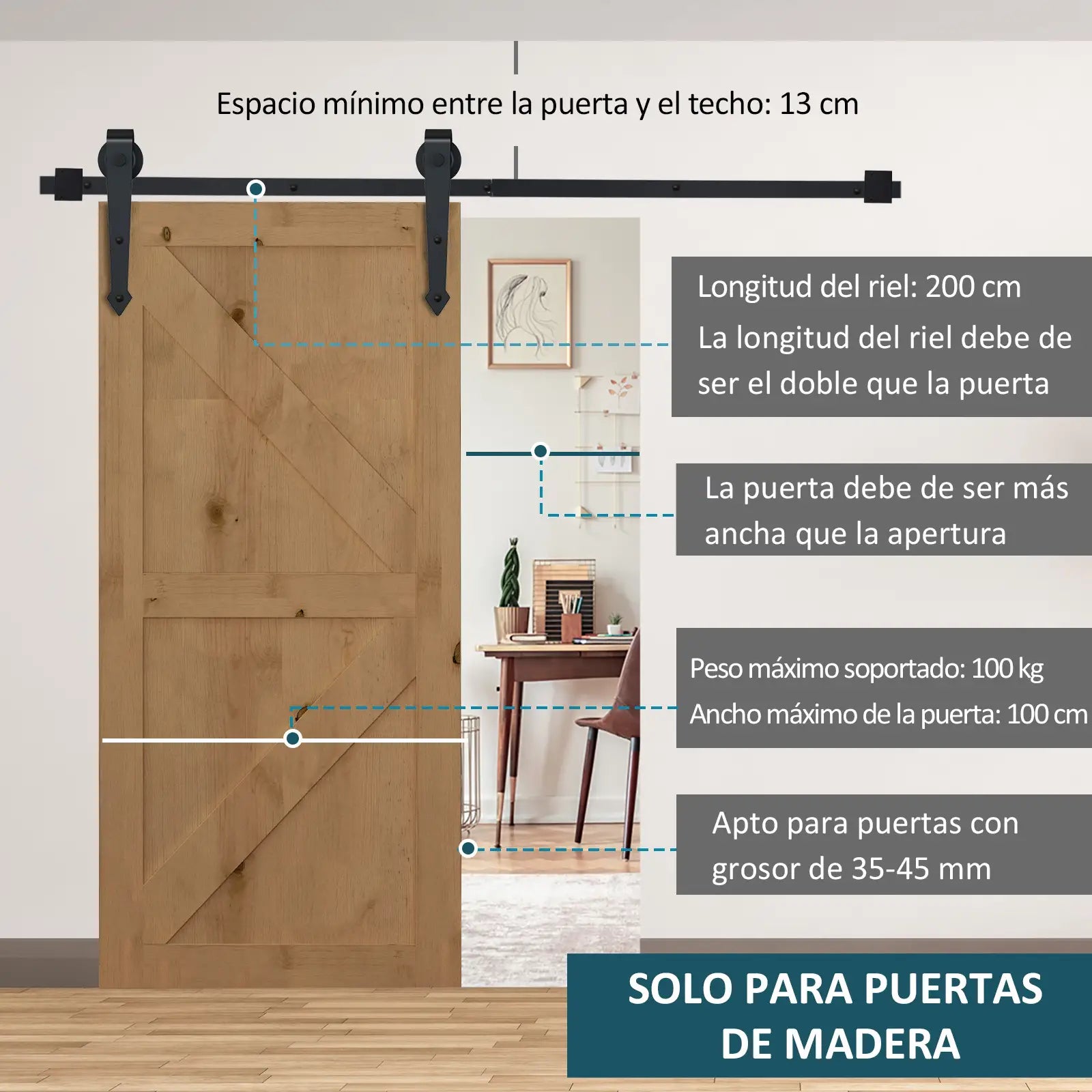 Herraje para Puerta Corredera 200 cm Tipo Flecha Kit de Accesorios para Puerta Corrediza Granero de Madera Negro