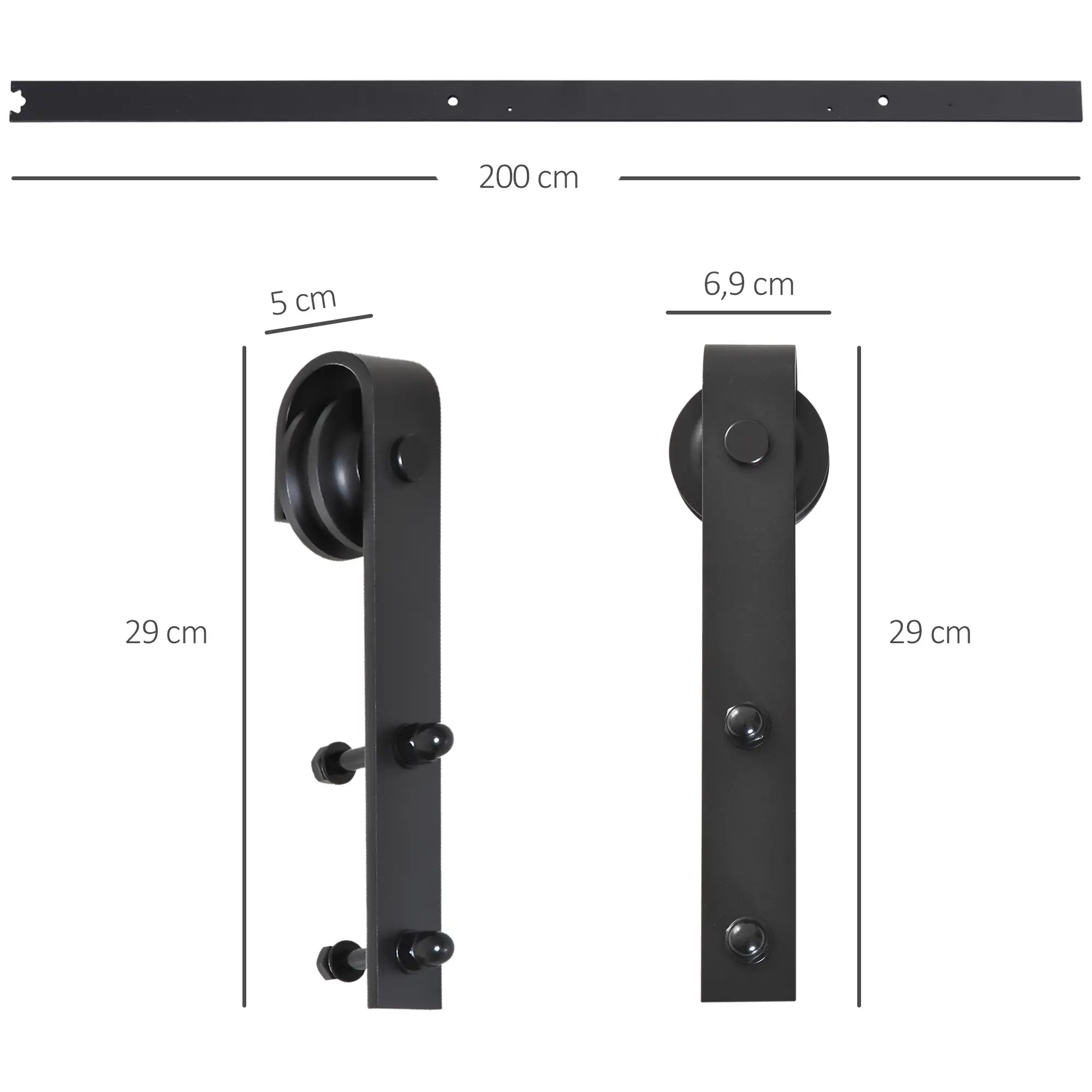 Herraje Puerta Corredera 200 cm Kit de Riel para 1 Puerta de Madera de máximo 100 cm de Ancho Acero de Carbono Carga Máx. 90 kg