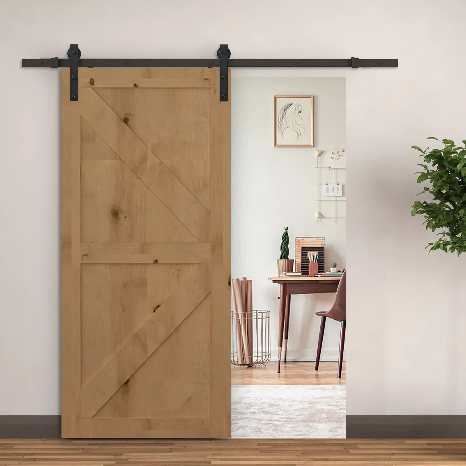 Herraje Puerta Corredera 200 cm Kit de Riel para 1 Puerta de Madera de máximo 100 cm de Ancho Acero de Carbono Carga Máx. 90 kg